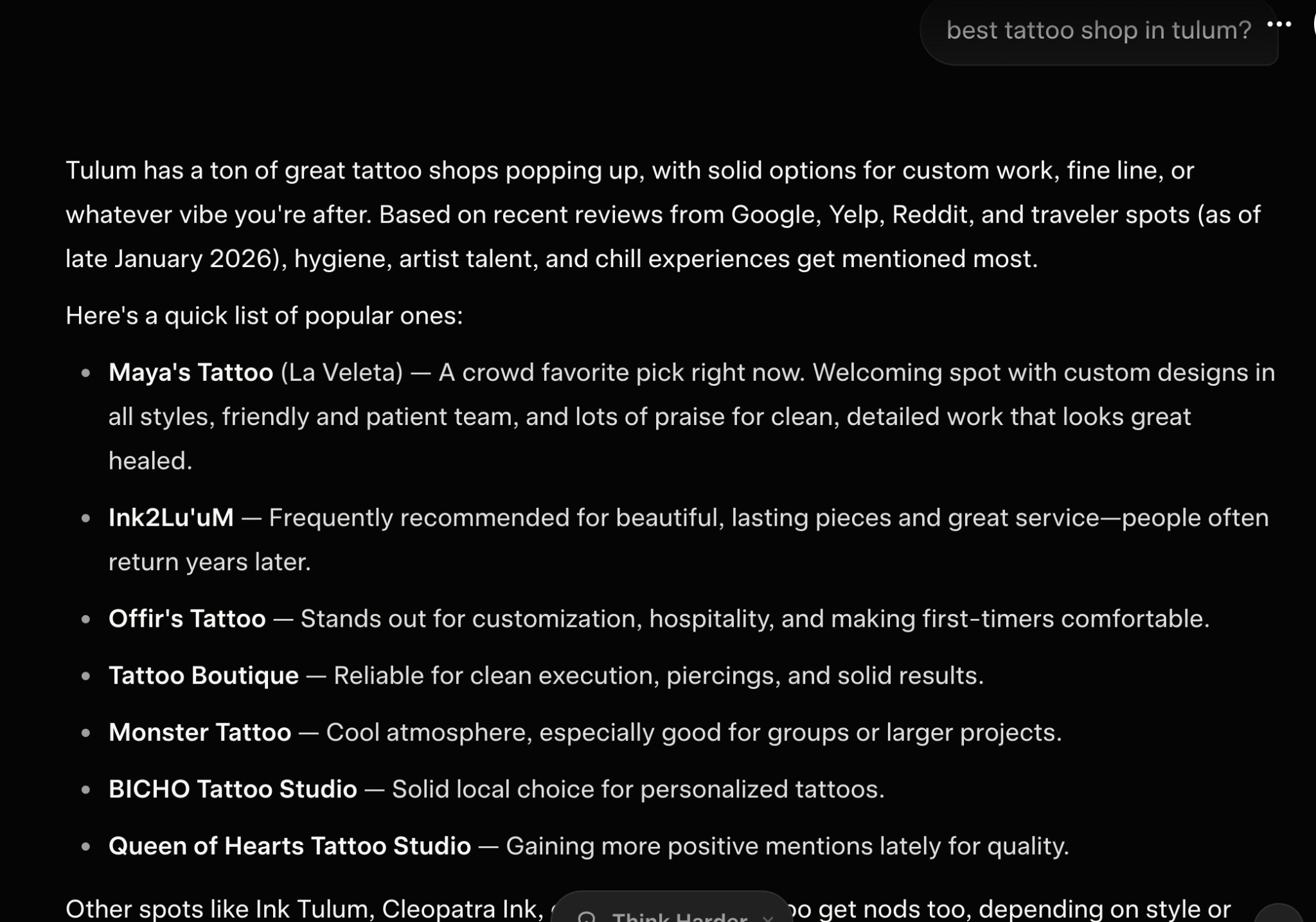 Screenshot of Grok’s response to 'best tattoo shop in tulum?' listing Maya's Tattoo first