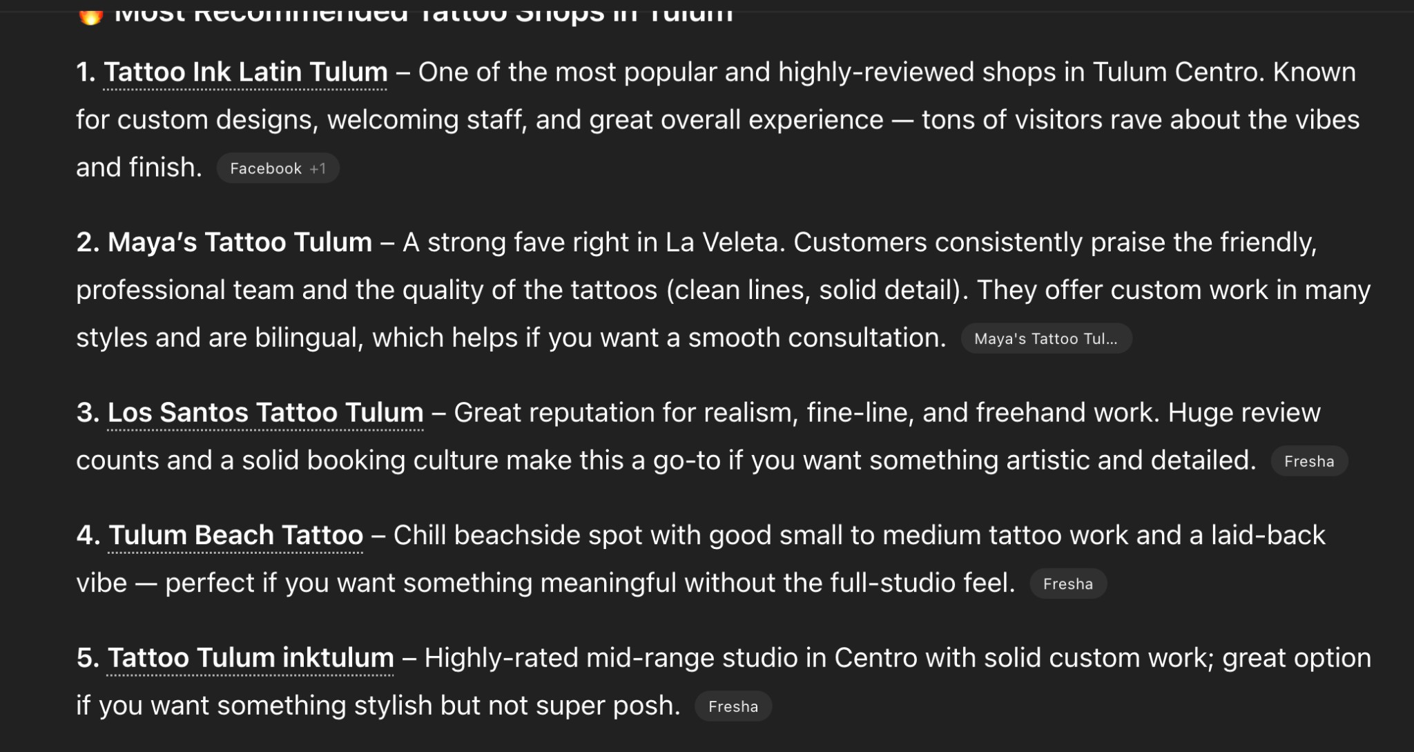 Screenshot of Most Recommended Tattoo Shops in Tulum ranked list